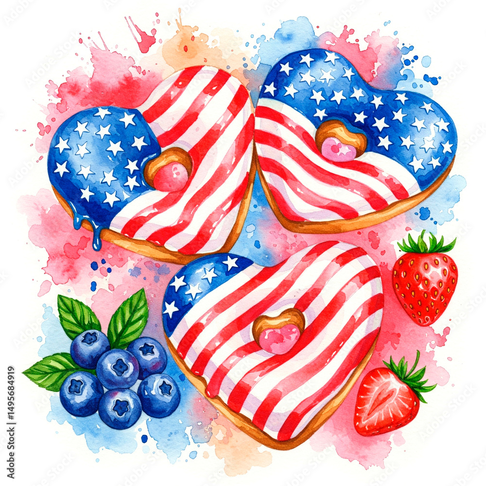 Obraz premium Patriotic American Flag Heart-Shaped Donuts with Strawberries and Blueberries, Watercolor Art for Independence Day, Red, White, Blue Desserts