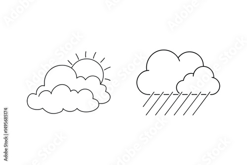 Simple black and white weather icons depicting sunny and rainy cloud conditions