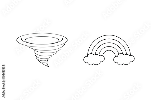 Simple black and white illustration of a tornado and a rainbow with clouds.