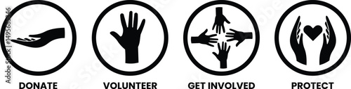 Charity Symbols Pack. Set of simple line icons within black circles representing key charitable actions: donating money or items, volunteering time, getting involved in community efforts, 
