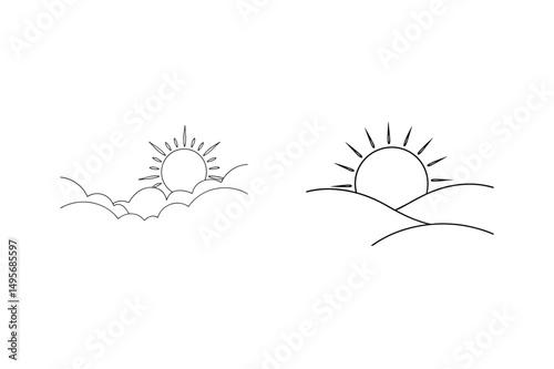 Simple black and white illustrations of sun rising over clouds and hills at dawn