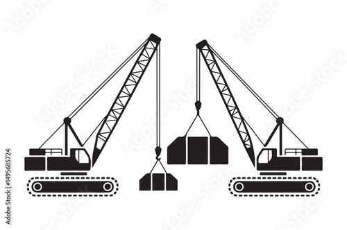 Set of Construction Crane Icons with Load, Representing Heavy Lifting, Construction, and Industrial Machinery. Ideal for Engineering, Construction, and Equipment-Related Projects.