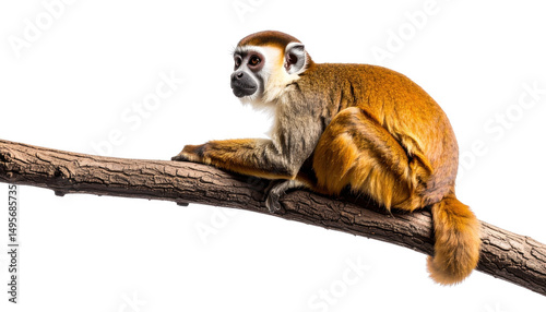 Fototapeta Naklejka Na Ścianę i Meble -  Monkey sitting on a tree branch, white isolate background