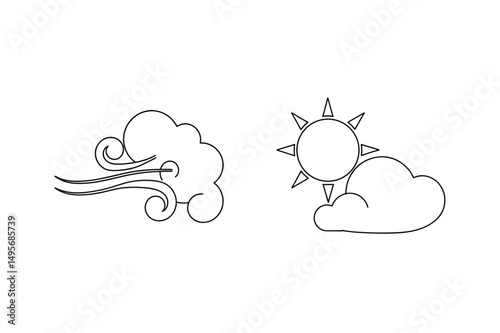 Black and white weather symbols featuring wind sun and cloud icons on a white background