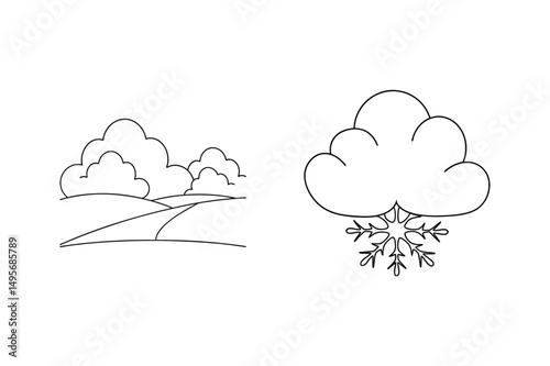 Simple black and white outline illustration featuring clouds landscape and falling snow