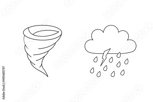 Black and white minimalist illustrations of a tornado and a storm cloud representing weather