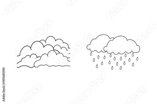 Simple outline illustrations depicting cloudy weather and rain for educational designs