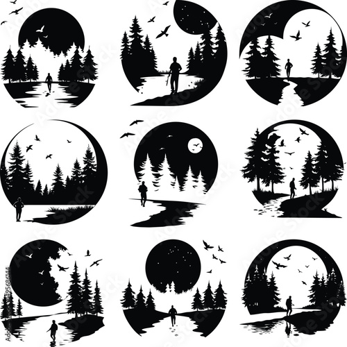 Silhouette circles portray nature scenes with figures near trees, water, and flying birds overhead
