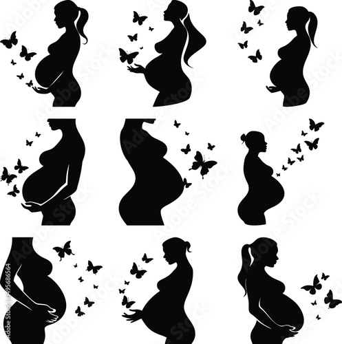 Silhouette images of pregnant women surrounded by butterflies symbolize beauty and new life