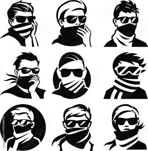 Silhouette set displays various people with sunglasses and scarves covering faces in monochrome