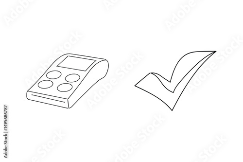 Simple outline illustration of a payment terminal and a check mark symbol on white background