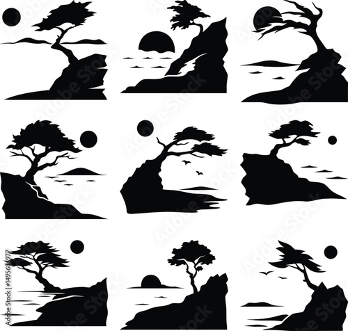 Silhouette trees stand upon cliff edges facing ocean and sun in stylized designs