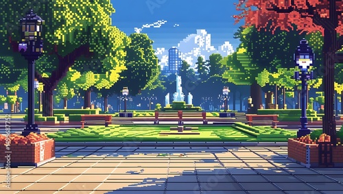 Pixelated serenity a digital park scene with fountain and cityscape view