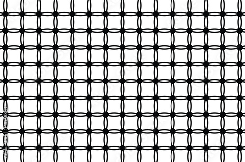 Repeating geometric pattern of interlocking white circles forming a grid on black. Abstract, minimalist, symmetrical flat vector illustration. Monochrome, 2D design, no shadows or context.