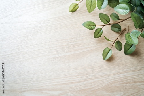 Wallpaper Mural Top view of green leaves on light wooden surface, minimalist flat lay. Torontodigital.ca