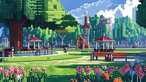 Voxel Art: A Serene Day in a Pixelated City Park with Lush Greenery