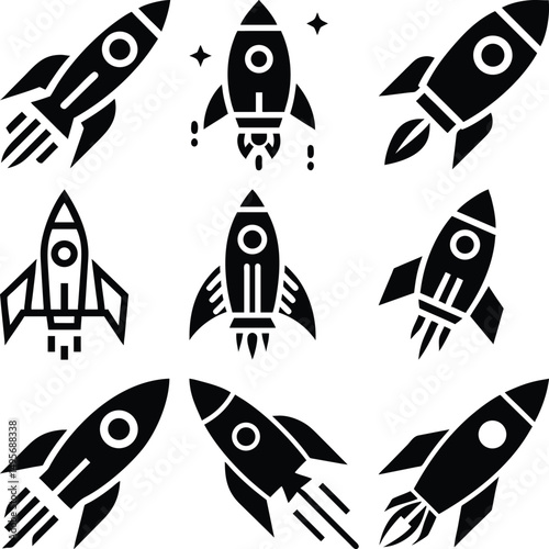 Various black startup rockets boldly soar against a crisp, clean white background