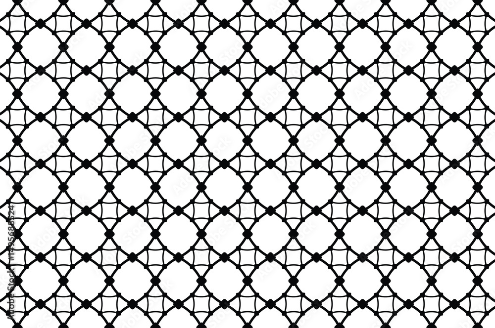 Fototapeta premium Monochrome repeating geometric pattern with white curved lines, circles forming interconnected lattice on black. Minimalist design conveys elegance and intricate complexity.
