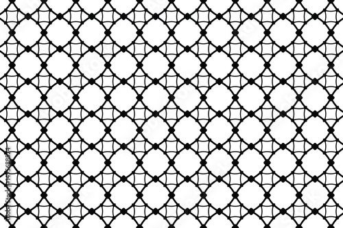  Monochrome repeating geometric pattern with white curved lines, circles forming interconnected lattice on black. Minimalist design conveys elegance and intricate complexity.