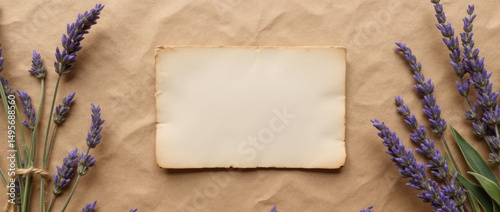 Generative AI Lavender and Paper Mockup on Kraft Kraft paper Blank Vintage Floral Flower Sprigs Brown Beige Card Invitation Background Texture Flat lay Top view Natural - Modern Look