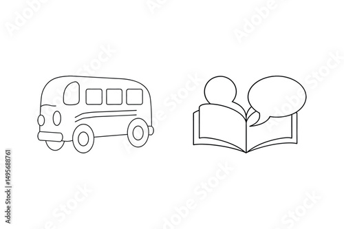 School bus next to a person reading a book with a speech bubble outline illustration