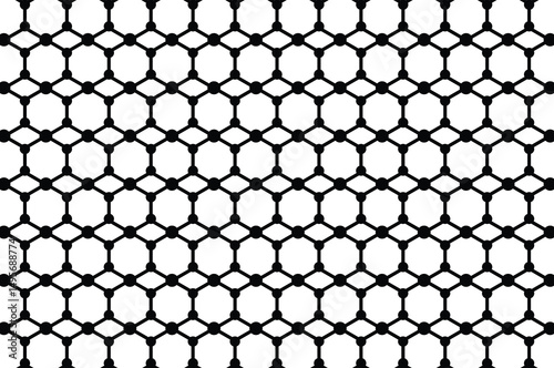 Abstract black and white geometric pattern of interconnected hexagons with circles at vertices. Structured repetition, minimalist lattice design. Clean, modern