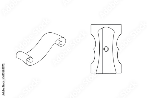 Simple black and white illustrations of a scroll and a pencil sharpener isolated on white
