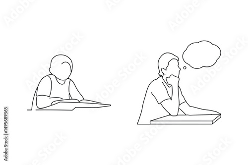 Line drawing illustration showing a student reading and another deep in thought thinking ideas