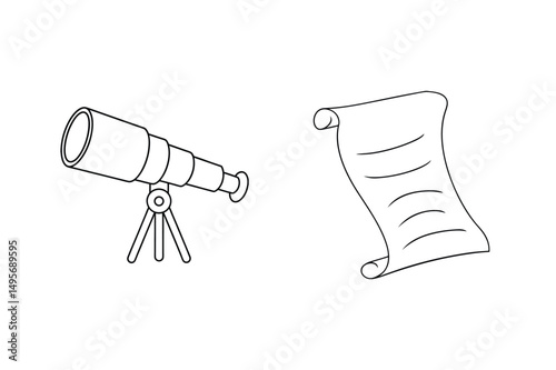 Black and white drawing of a telescope next to a parchment scroll for design projects