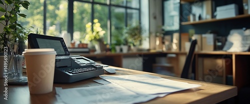 Office desk with cash register and coffee cup