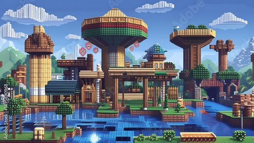 Intricate voxel artwork of a vibrant, pixelated city with diverse architecture
