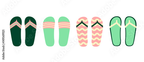 Beach slippers color doodle on isolated background. Hand drawn vector illustration summer accessory, seasonal footwear for sea, hot weather. Design elements for card, sign, logo, print, card. Top view