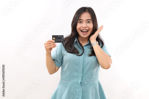 Photo of impressed positive lady hand on cheek open mouth hold debit card isolated on white color background