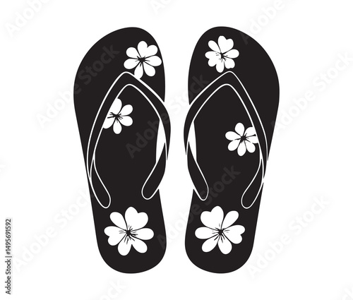 Silhouette flip flops vector illustration. Beach sandal silhouette with flower pattern.