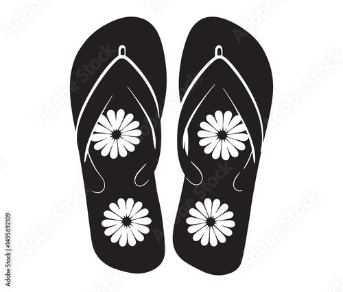 Silhouette flip flops vector illustration. Beach sandal silhouette with flower pattern.