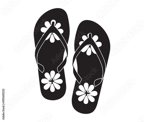 Silhouette flip flops vector illustration. Beach sandal silhouette with flower pattern.