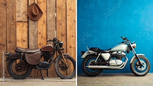 Vintage Horse Saddle vs Modern Motorcycle,Rustic Wood and Blue Split-Screen,Transportation Evolution