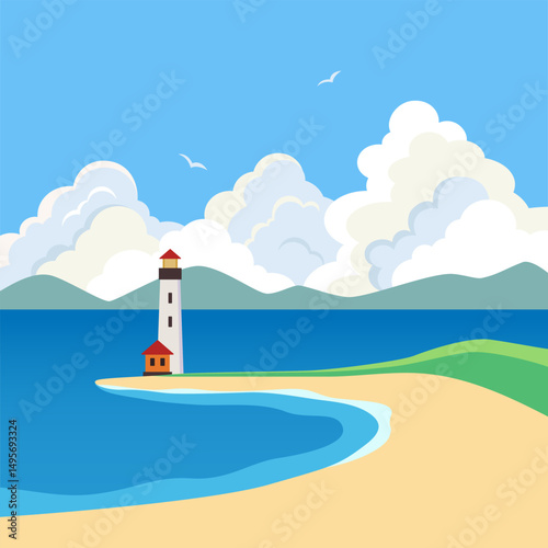 Sea view blue lagoon and lighthouse on empty beach. Fluffy clouds sky. Sandy ocean shore. Beacon tower on a coast. Nature background summer travel scenery. Flat design seaside vector illustration.