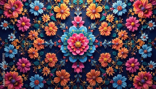 Intricate floral diamond pattern, vibrant hues, graphic, background, vintage