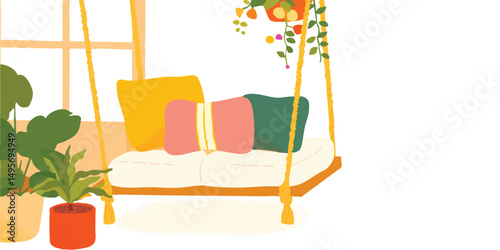 A cozy indoor swing, decorated with lush plants and fluffy cushions, creates an idyllic space for relaxation, perfectly capturing the essence of a bright and airy home.