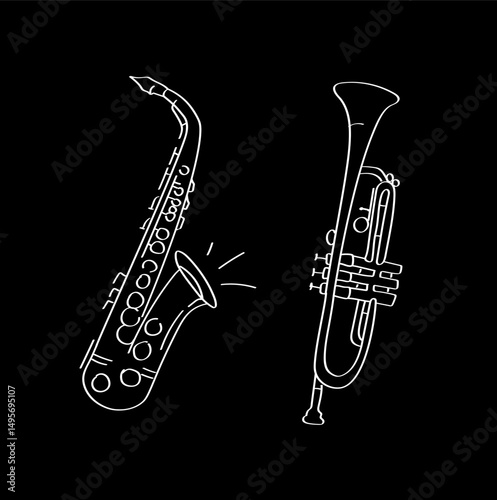 Jazz instruments doodle – hand-drawn saxophone and trumpet on black background. White line drawing of saxophone and trumpet – perfect for jazz day, concerts, and music posters.