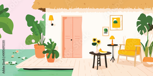 An idyllic scene showcasing the beauty of home and outdoor living, with lush green plants, inviting decor. 