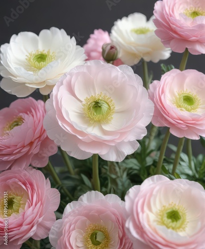 Delicate pink & white ranunculus blossoms, close-up view , macro, bloom, bloom