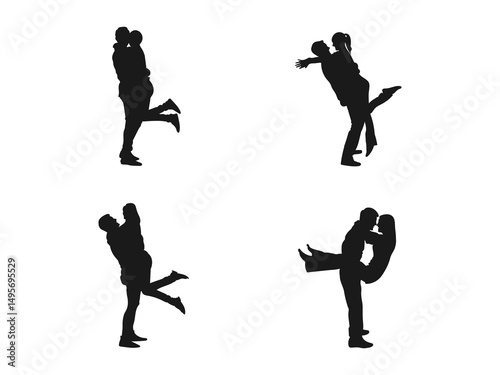 playful young couple silhouette. Silhouettes of Couples in Loving Embraces, Showing Playful Affection. A couple of young guys and girls on a white background.