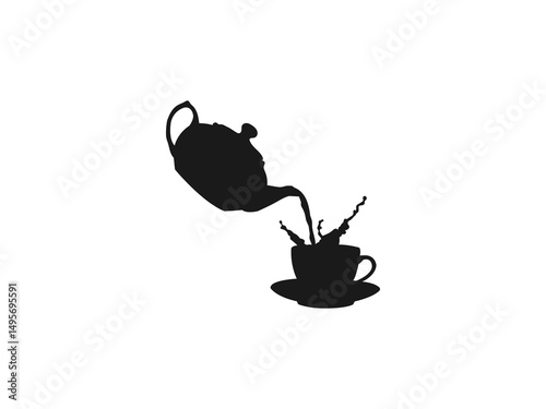 Teapot and cup vector icon. Black silhouette of teapot and cup. Silhouette of Tea Being Poured into a Cup, isolated on a white background.