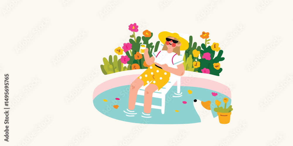 A vibrant summer illustration features a carefree woman lounging by a pool in a beautiful floral garden. The sun is shining. A vibrant summer illustration features a carefree woman lounging by a pool in a beautiful floral garden. The sun is shining.