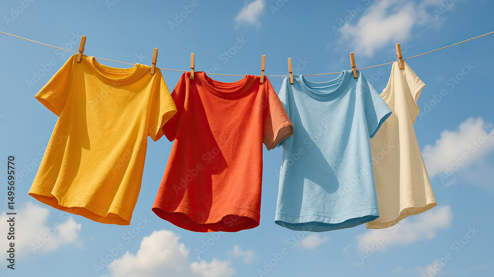 Colorful t-shirts hanging on clothesline under blue sky with sunlight Colorful t-shirts hanging on clothesline under blue sky with sunlight