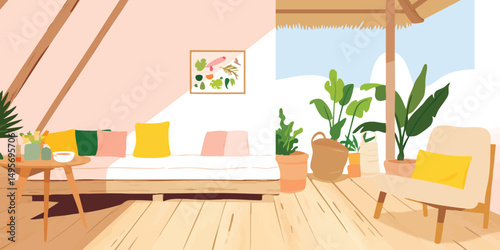 An inviting interior design, artfully blending natural elements with modern comforts. The space is bathed in soft, natural light, creating a serene atmosphere.