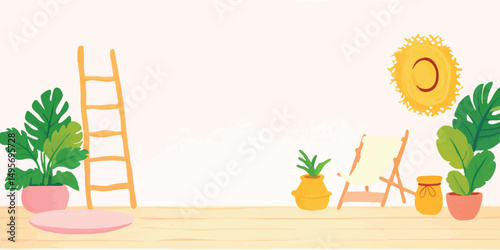 A vibrant illustration of a modern, minimalist living space, featuring a ladder, potted plants, sun, and a beach chair, evokes a sense of summery relaxation and escape.  
