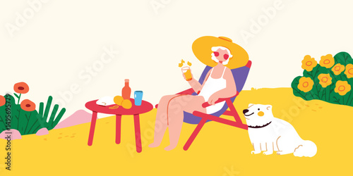 A relaxed person enjoys a refreshing drink and sunny day outdoors alongside a furry friend in a bright illustration.